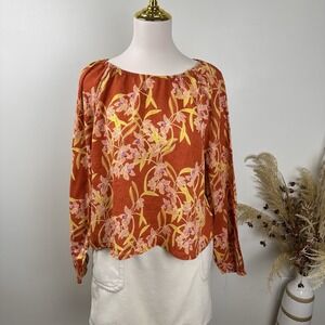 Rachel Zoe 100% Linen Slightly Cropped Rust Floral Top Blouse Womens Size L